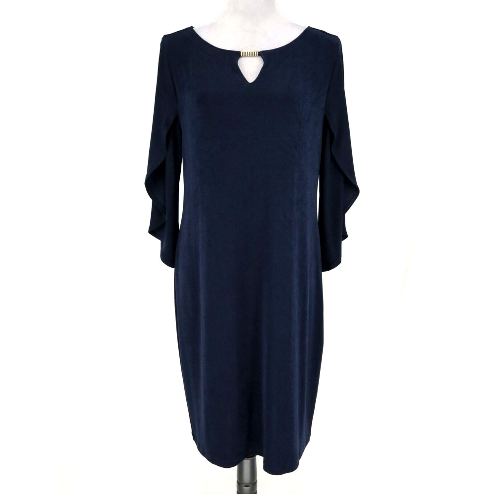 Chicos Travelers Dress 1 Womens Medium 8 Navy Blue Slinky Flutter Sleeves Shift
